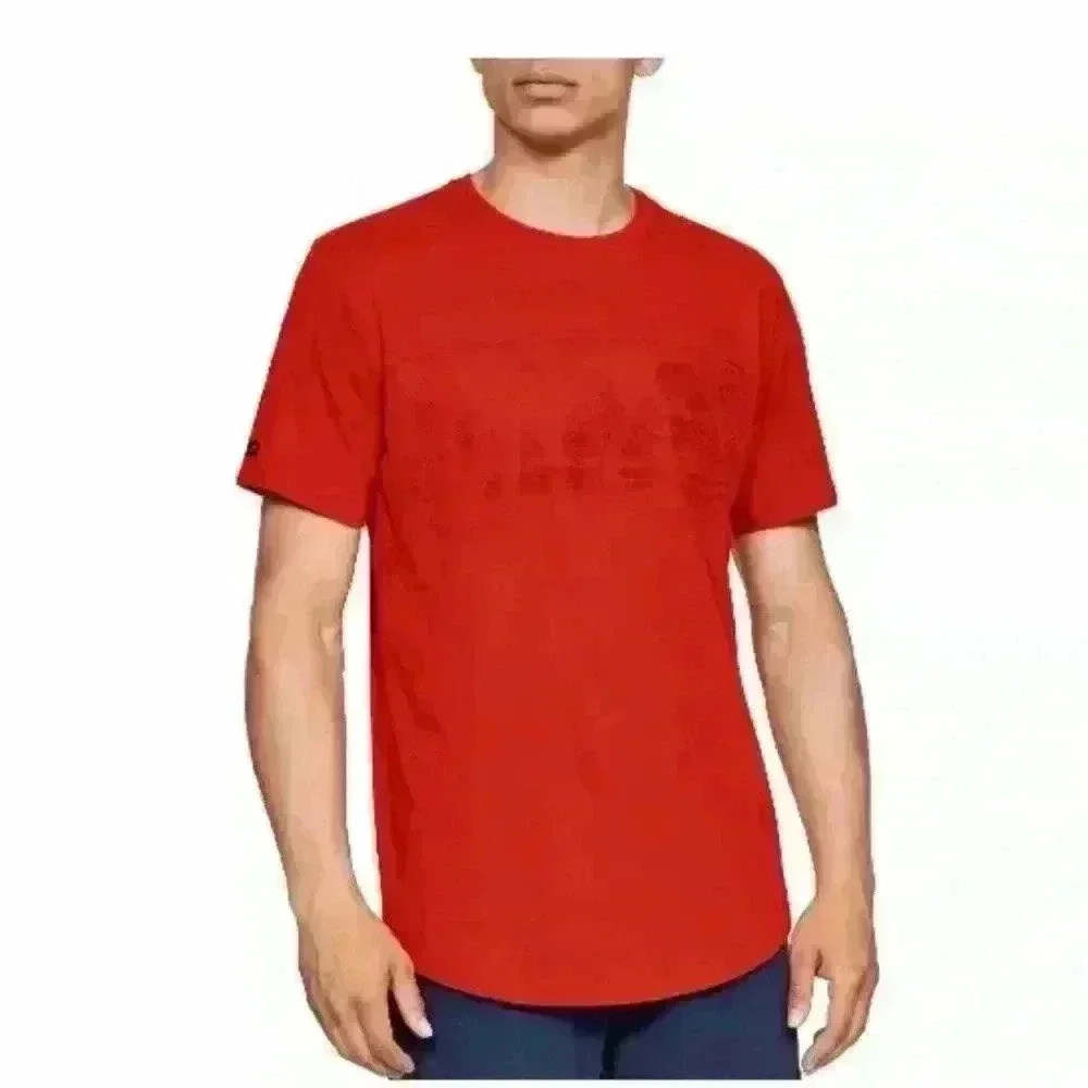 Under Armour T-Shirt Mens Large Red Excellent Mesh Panel Short Sleeve Curved Hem